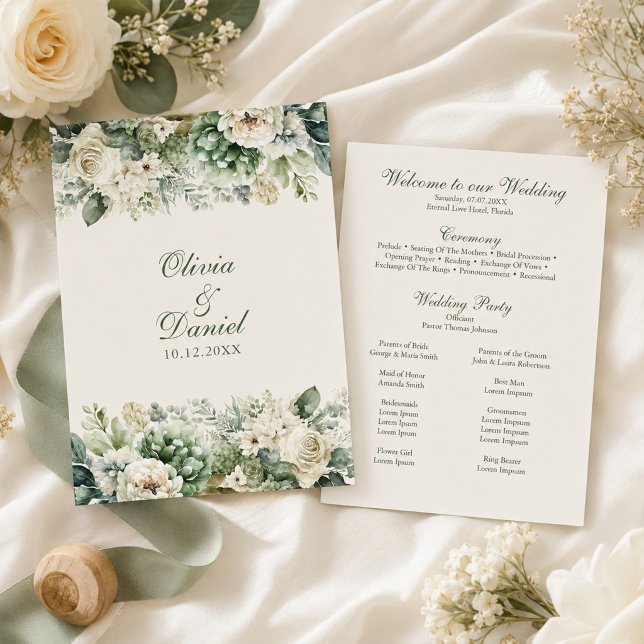 Boho Sage Green and Ivory Flowers Wedding Program (Boho Sage Green and Ivory Flowers Wedding Program with wedding decor and white flowers)