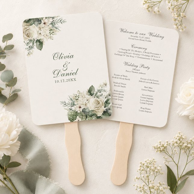 Boho Sage Green and Ivory Flowers Wedding Program Hand Fan (Boho Sage Green and Ivory Flowers Wedding Program Hand Fan on a table with flowers)