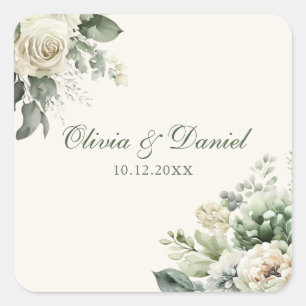 Boho Sage Green and Ivory Flowers Wedding Square Sticker