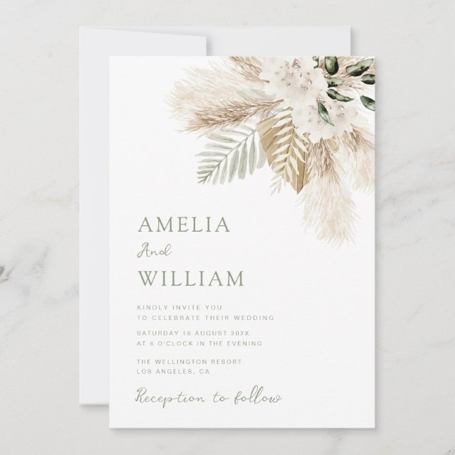 boho sage green and pampas grass wedding invitation (Front)
