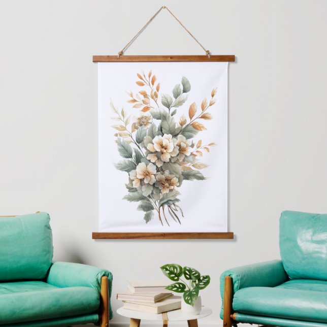 Boho Sage Green Beige Terracotta Botanical Floral Hanging Tapestry (Living Room)