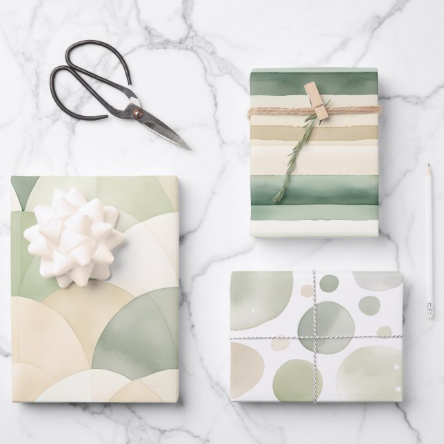 Boho Sage Green Beige Watercolor Abstract Wrapping Paper Sheet (Front)
