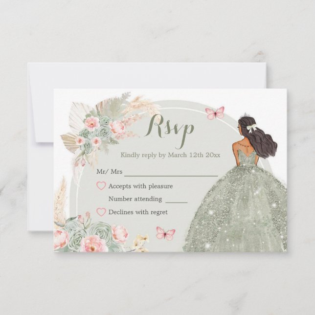 Boho Sage Green Blush Pink Quinceañera RSVP Card (Front)