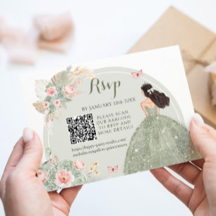 Boho Sage Green Blush Pink Royal Quinceañera QR RSVP Card