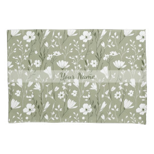 Boho Sage Green Botanical Personalized Floral  Pillowcase