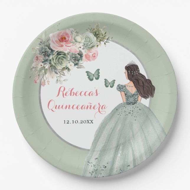 Boho Sage Green Dress Princess Girl Sweet 16 Años Paper Plate (Front)