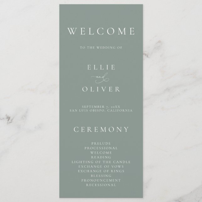 Boho Sage Green Elegant Minimalist Wedding Program (Front)