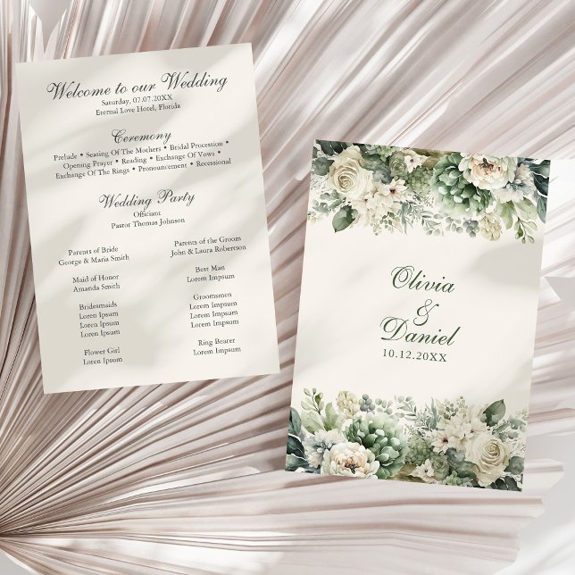 Boho Sage Green et fleurs d'ivoire Programme de ma (Boho Sage Green and Ivory Flowers Wedding Program on a sunny neutral dry palm leaf.)