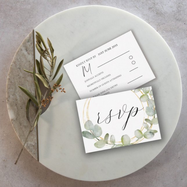 Boho Sage Green Eucalyptus & Gold Wedding RSVP (Creator Uploaded)