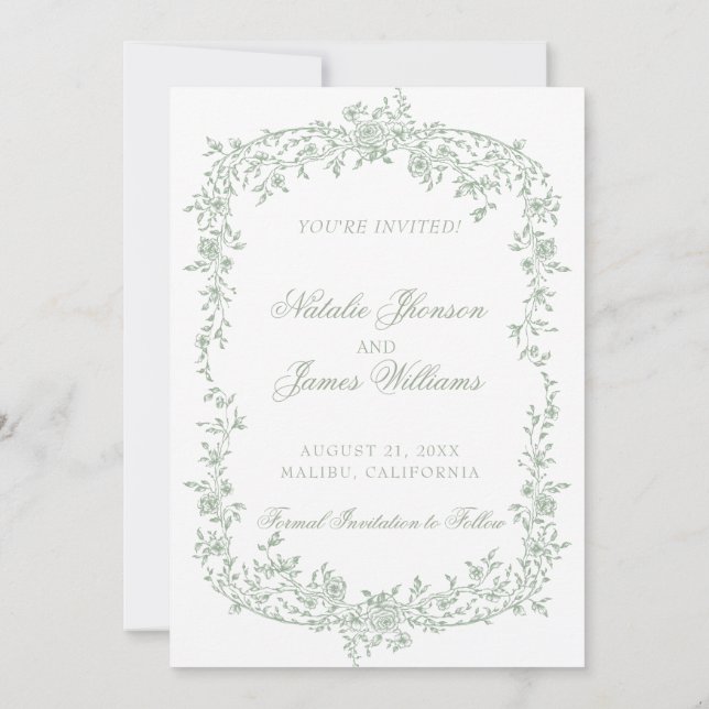 Boho Sage Green Floral Botanical Wedding Save The  Date (Back)