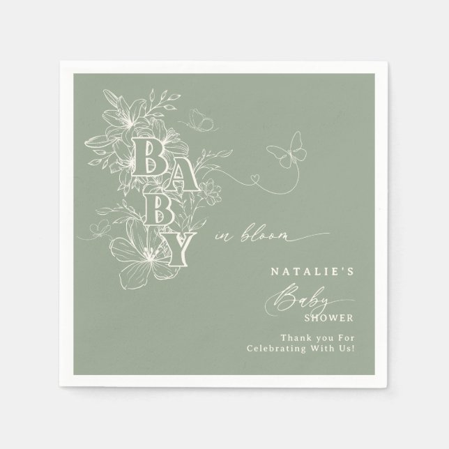 Boho Sage Green Floral Butterflies Baby in Bloom Napkin (Front)
