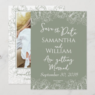 Boho Sage Green Floral Modern Photo Wedding Save The Date