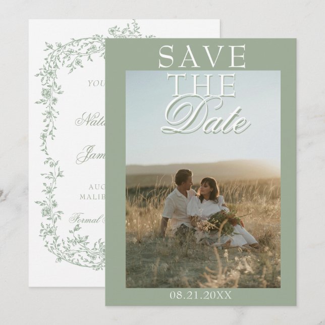 Boho Sage Green Floral Photo Wedding Save The  Date (Front/Back)