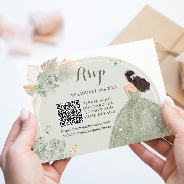 Boho Sage Green Floral Quinceañera QR RSVP Card (Creator Uploaded)