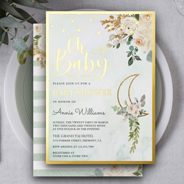 Boho Sage Green Ivory Floral Moon Baby Shower Gold (Creator Uploaded)