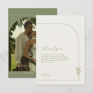 Boho Sage Green & Linen Arches Minimalist Photo Thank You Card