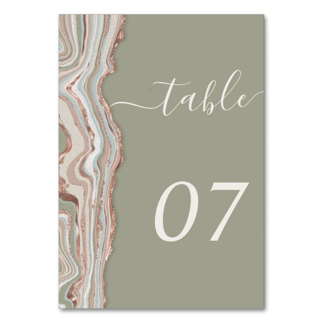 Boho Sage Green Marble Stone Agate Save the Date Table Number (Front)