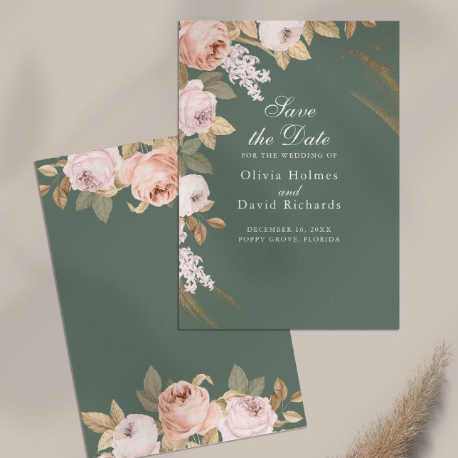 Boho Sage Green Peonies Enregistrer la carte Date (Boho Sage Green Peonies Save the Date Card on table)