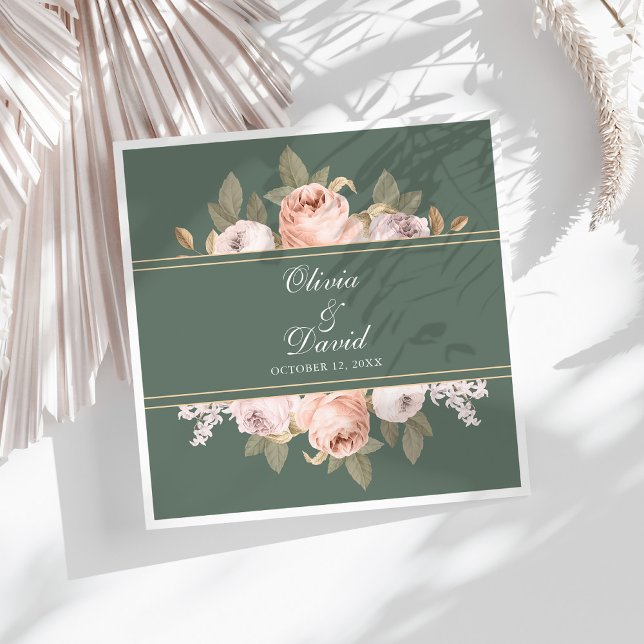 Boho Sage Green Peonies Wedding Napkin (Boho Sage Green Peonies Wedding Paper Dinner Napkins on a sunny white table.)
