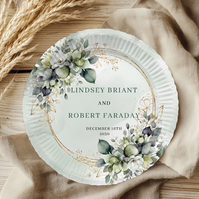 Boho Sage Green Personalized Eucalyptus Wedding   Paper Plate (Boho Sage Green Personalized Eucalyptus Wedding Paper Plates)