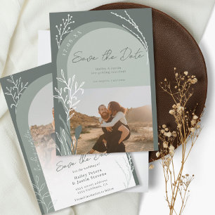 Boho sage green photo names script arch wedding save the date