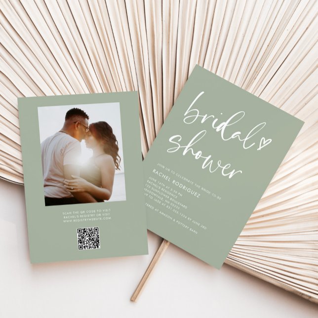 Boho Sage Green Photo Qr Code Bridal Shower Invitation (Creator Uploaded)