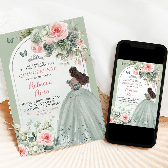 Boho Sage Green Pink Floral Quinceañera Invitation (Creator Uploaded)