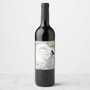 Boho Sage Green Pink Floral Quinceañera Wine Label