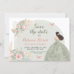 Boho Sage Green Pink Quinceañera Save The Date Invitation<br><div class="desc">Boho Sage Green Blush Pink Quinceañera Save The Date Card</div>