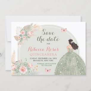 Boho Sage Green Pink Quinceañera Save The Date Invitation