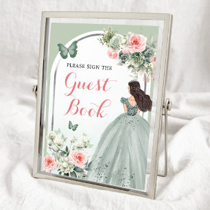 Boho Sage Green Pink Roses Mis 15 Años Guest Book