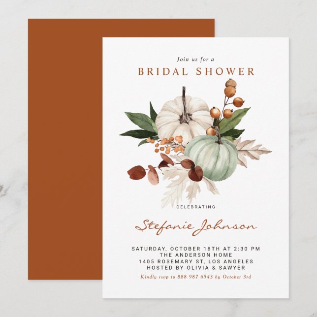 Boho Sage Green Pumpkins Fall Bridal Shower Invitation (Front/Back)