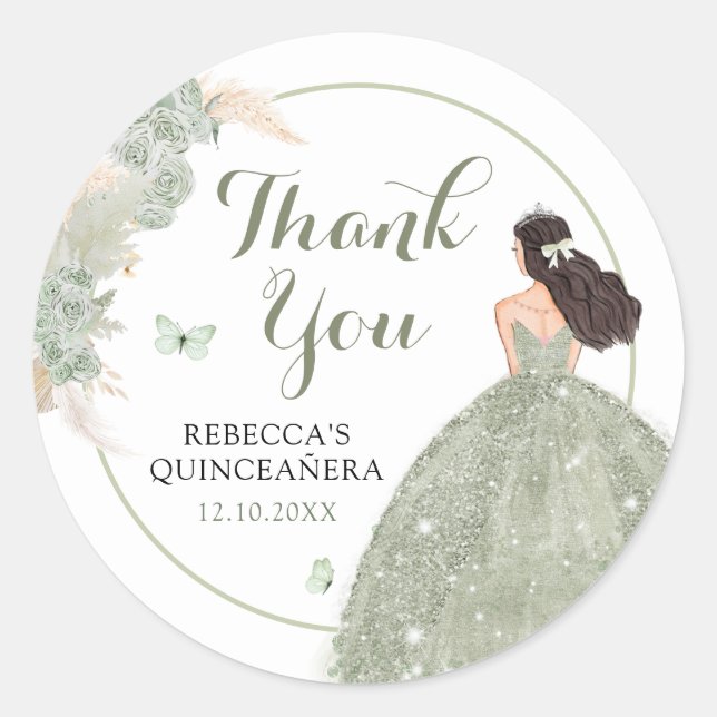 Boho Sage Green Quinceañera Thank You Classic Round Sticker (Front)