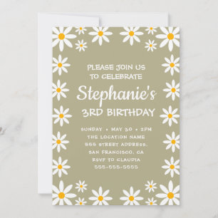 Boho Sage Green Retro Daisies Birthay Party  Invitation