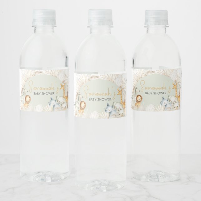 Boho Sage Green Safari Baby Shower Water Bottle Label (Bottles)