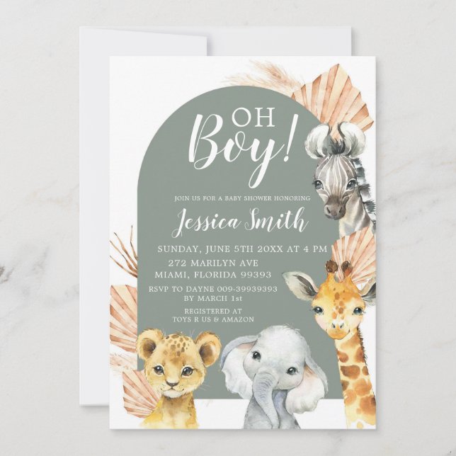 Boho Sage Green Safari Oh Boy Baby Shower Invitation (Front)