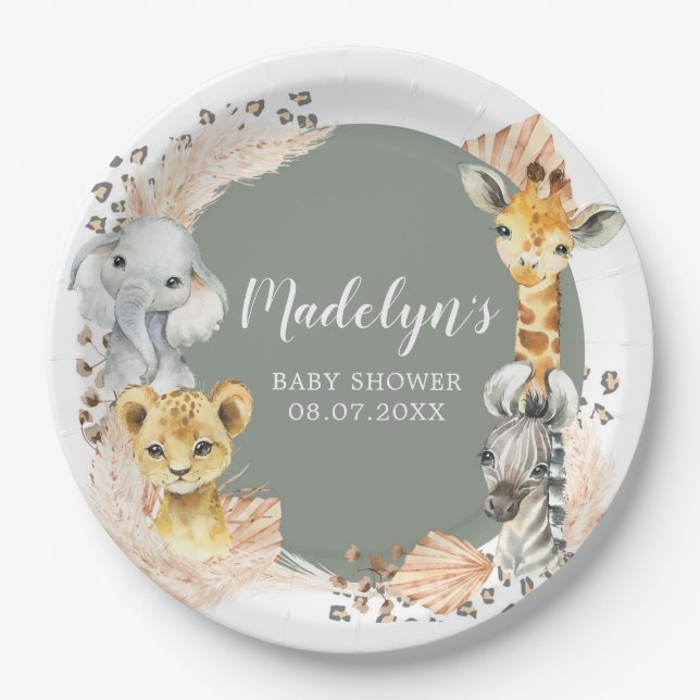 Boho Sage Green Safari Oh Boy Paper Plate (Front)