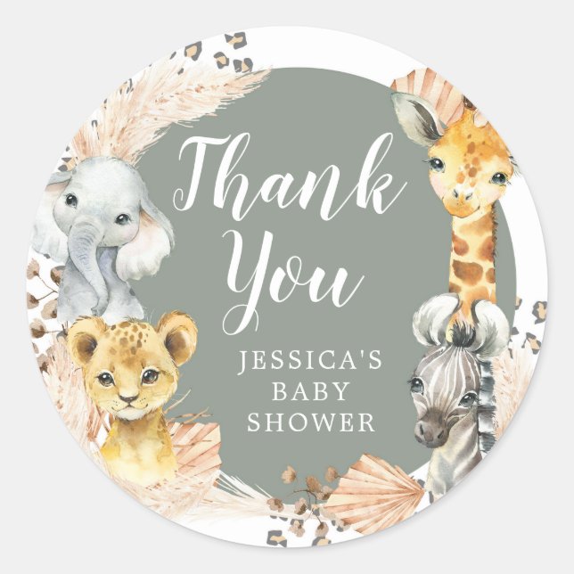 Boho Sage Green Safari Oh Boy Thank You Sticker (Front)