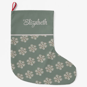 Boho Sage Green Snowflakes Custom Name Christmas Large Christmas Stocking