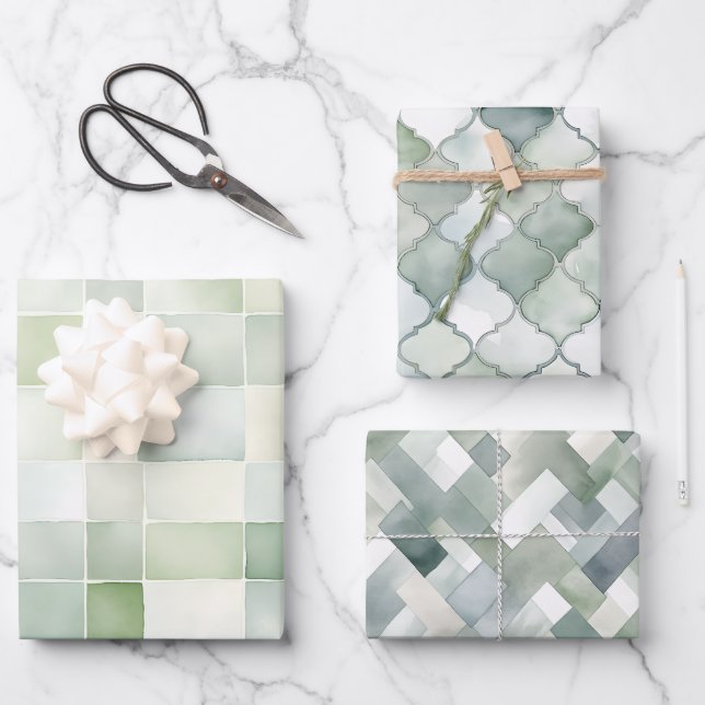 Boho Sage Green Watercolor Geometric Patterns Wrapping Paper Sheet (Front)