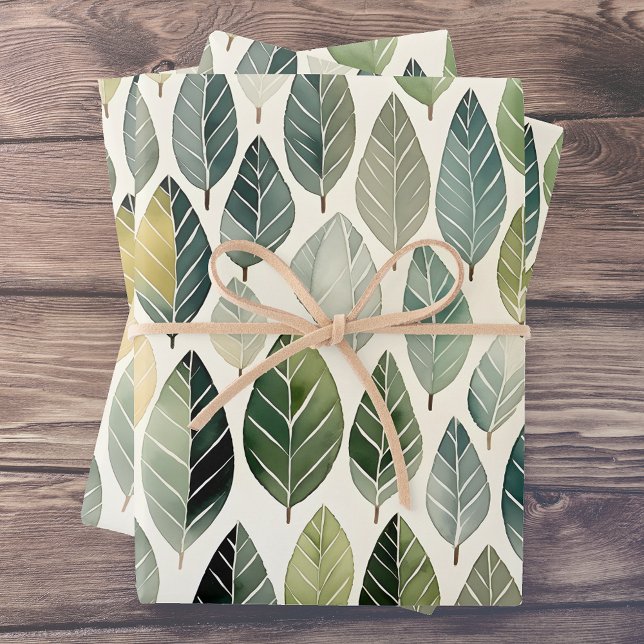 Boho Sage Green Watercolor Leaf Pattern Wrapping Paper Sheet (Creator Uploaded)