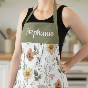 Boho Sage Green Watercolor Wildflower Custom Name Apron
