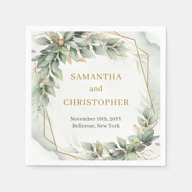Boho sage leaves and gold glitter wedding napkins (Front)