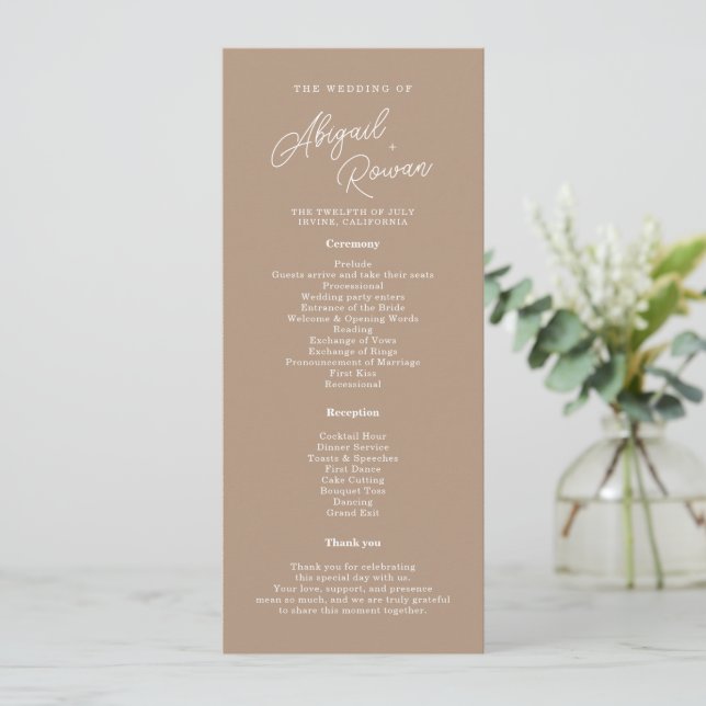 Boho Sand Script Minimalist Wedding Program Card (Standing Front)
