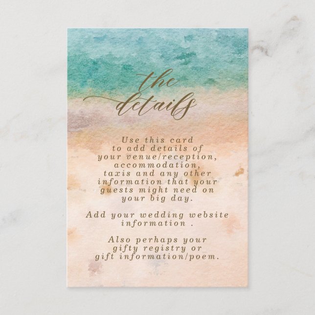 boho sandy beach scene wedding information card (Front)