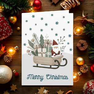 Boho Santa on Sleigh With Gifts Snowflakes  Holiday Card