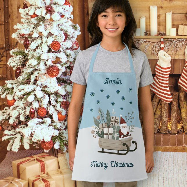 Boho Santa on Sleigh With Gifts Snowflakes Name Apron (Creator Uploaded)