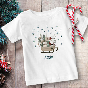 Boho Santa on Sleigh With Gifts Snowflakes Name  Baby T-Shirt
