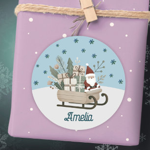 Boho Santa on Sleigh With Gifts Snowflakes Name Classic Round Sticker