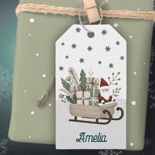 Boho Santa on Sleigh With Gifts Snowflakes Name  Gift Tags